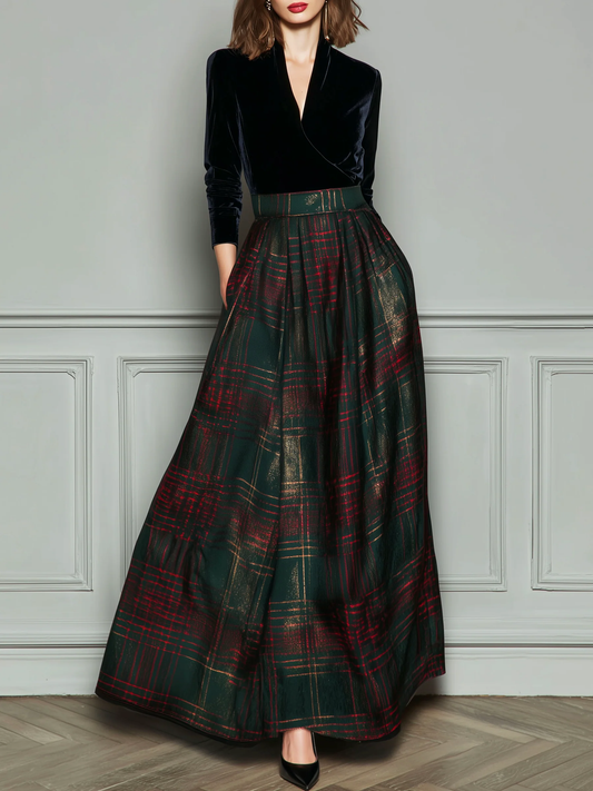 ManukarX Black Velvet Plaid Maxi Dress - Elegant V-Neck Patchwork Fit