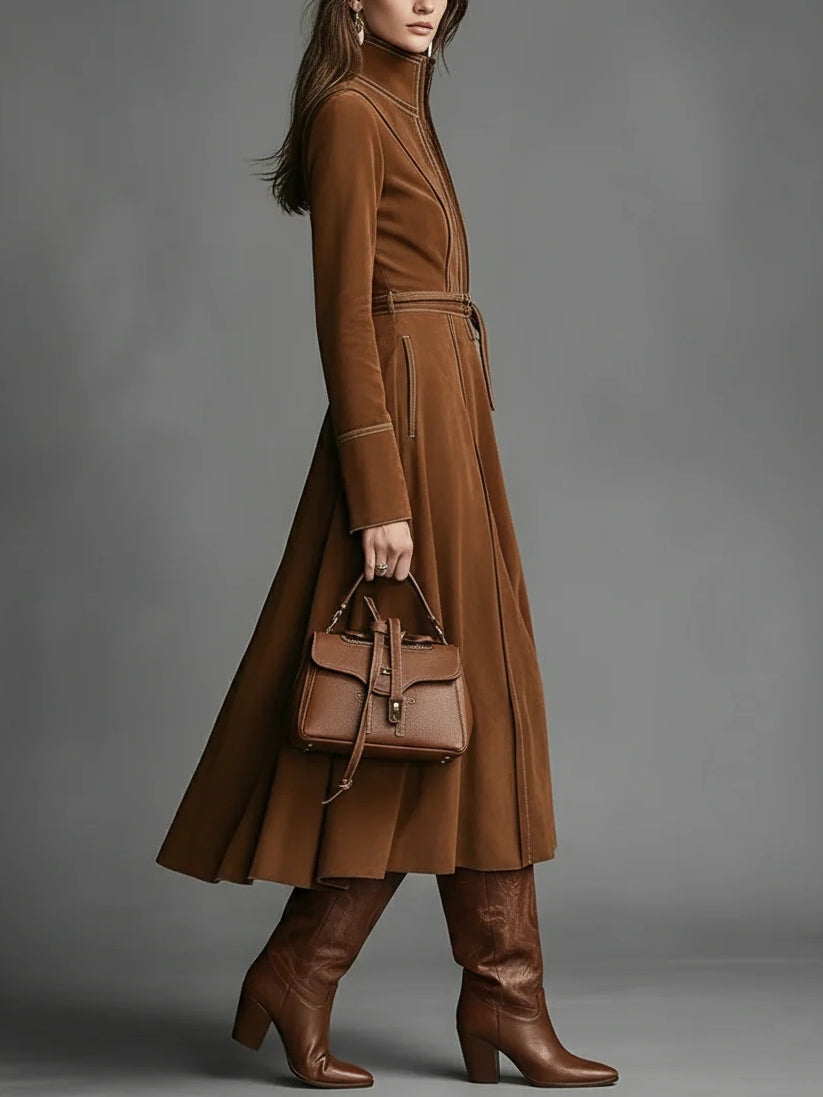 ManukarX Brown Faux Suede Maxi Dress - Front Zippered Belted Fit
