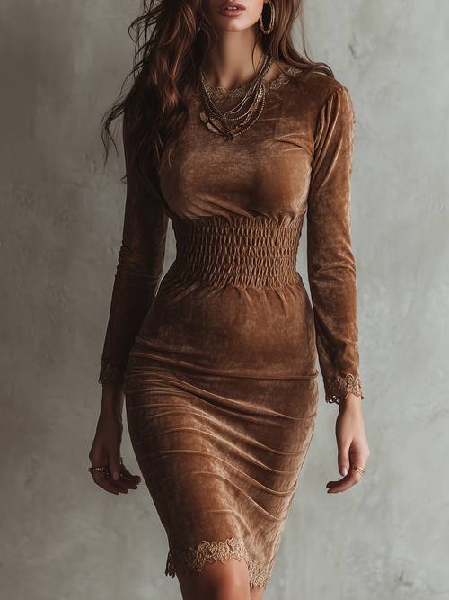 ManukarX Brown Velvet Midi Dress - Smocked Waist & Lace Trim